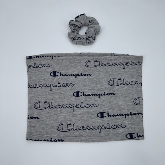 Reworked 1/1 Champion Tube Top and Scrunchie Set Gray and Blue Medium - Picture 2 of 4